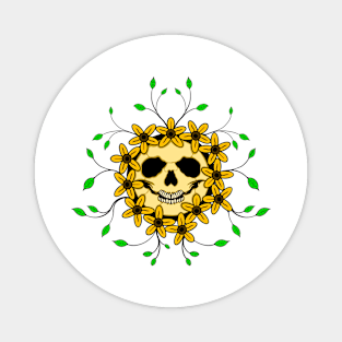 Skull with Bright Flowers and Leaves Magnet